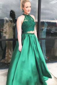 Two Pieces Halter A Line Satin Green Long Prom Dresses With Beads