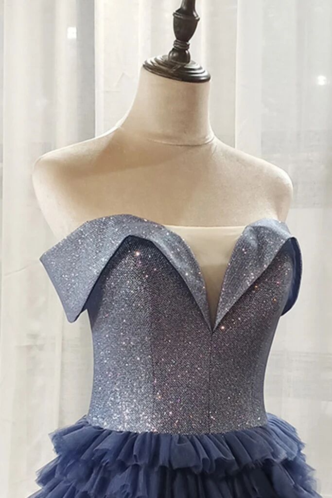 Sexy A line One Shoulder Satin Royal Blue Long Prom Dresses With Ruffles C1091 main image 0