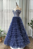 A-line Off-the-shoulder Royal Blue Long Prom Dresses Tulle Evening Dress PFP1767