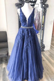 A-line V neck Royal Blue Lace Appliques Long Prom Dresses Tulle Evening Dress PFP1768