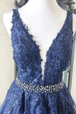 A-line V neck Royal Blue Lace Appliques Long Prom Dresses Tulle Evening Dress PFP1768