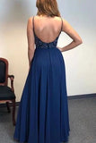 A-line Spaghetti Straps Dark Blue Chiffon Long Prom Dresses Beaded Evening Dress PFP1769