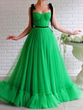 A-line Black Straps Sage Long Charming Prom Dresses Tulle Evening Dress PFP1770