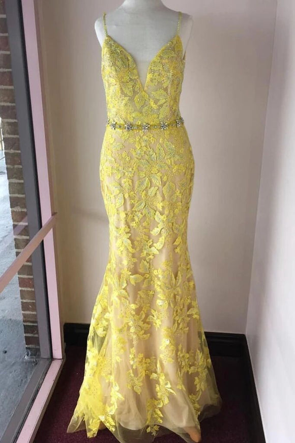 Trumpet/Mermaid Spaghetti Straps Lace Yellow Long Elegant Prom Dresses Evening Dress PFP1771
