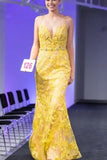 Trumpet/Mermaid Spaghetti Straps Lace Yellow Long Elegant Prom Dresses Evening Dress PFP1771