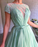 A-line Mint Green Long Cheap Prom Dresses Beading Tulle Evening Dress PFP1772