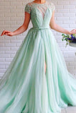 A-line Mint Green Long Cheap Prom Dresses Beading Tulle Evening Dress PFP1772