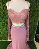 Promfast Chic Sheath Spaghetti Straps Pink Long Sleeves Prom Dresses Evening Dress PFP1774
