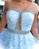 Promfast Stunning A-line Strapless Sky Blue Lace Beaded Long Prom Dresses Evening Dress PFP1775
