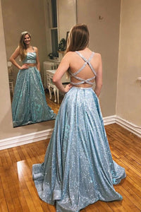 Promfast A-line Two Pieces Spaghetti Straps Sparkly Long Prom Dresses Evening Dress PFP1777
