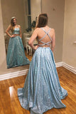 Promfast A-line Two Pieces Spaghetti Straps Sparkly Long Prom Dresses Evening Dress PFP1777