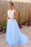 Gorgeous A Line V Neck Backless Sky Blue Tulle Long Prom Dresses PFP0094