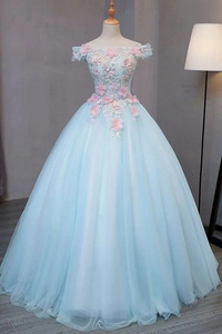 Promfast Off the Shoulder Appliques Ball Gown Prom Dresses, Sweet 15 Dress PFP1939