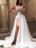 Promfast A-line Straps White Long Prom Dress With Slit Cheap Evening Dress PFP1787