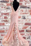 Promfast Mermaid Pink Lace Appliques Long Prom Dress With Slit Backless Evening Dress PFP1788