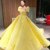 Promfast Ball Gown Sparkly Yellow Short Sleeves Prom Dresses Evening Dress PFP1789