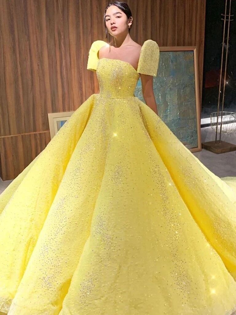 Promfast Ball Gown Sparkly Yellow Short Sleeves Prom Dresses Evening D Promfast Ball Gown Sparkly Yellow Short Sleeves Prom Dresses Evening D
