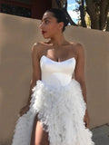 Promfast A-line Strapless White Tulle Ruffles Long Prom Dresses With Slit PFP1791