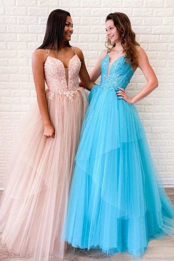 Promfast A-line Spaghetti Straps Lace Appliques Long Prom Dresses Tulle Evening Dress PFP1792