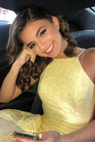 Promfast Stunning Mermaid Spaghetti Straps Lace Yellow Long Prom Dress Evening Dress PFP1794