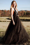 Black Tulle Backless Halter A Line Cheap Long Prom Dress Sexy Evening Dress PFP0020