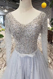 Long Sleeves V Neck Tulle A Line Sequins Prom Dresses PFP0556