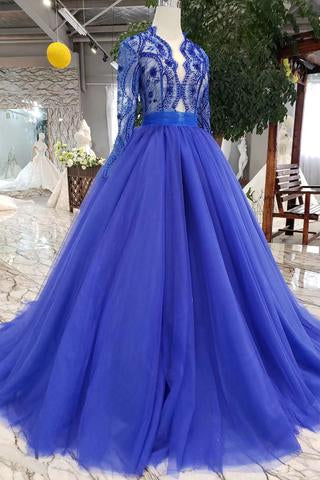 Royal Blue Tulle Long Sleeves Prom Dresses, Quinceanera Dresses