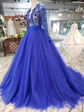 Royal Blue Tulle Long Sleeves Prom Dresses, Quinceanera Dresses PFP0557