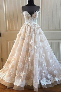 Charming Lace Long A Line Prom Dress, Long Wedding Dress With Cap Sleeves PFW0039