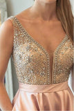 Promfast Sparkly Satin Pink Beaded Long Prom Dress with Open Back PFP1809