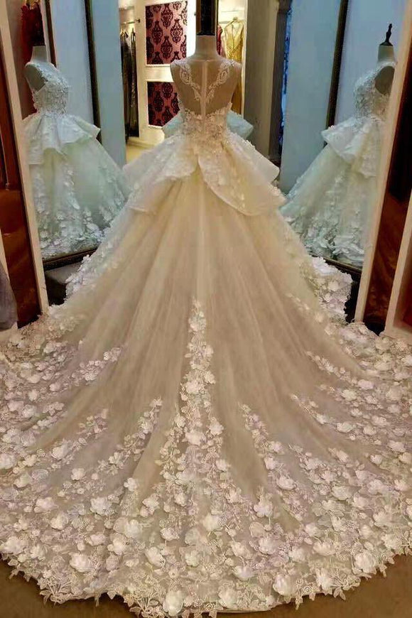Princess Lace Appliqued Flowers Chapel Train Wedding Dresses,Pretty Bridal Gown PFW0248