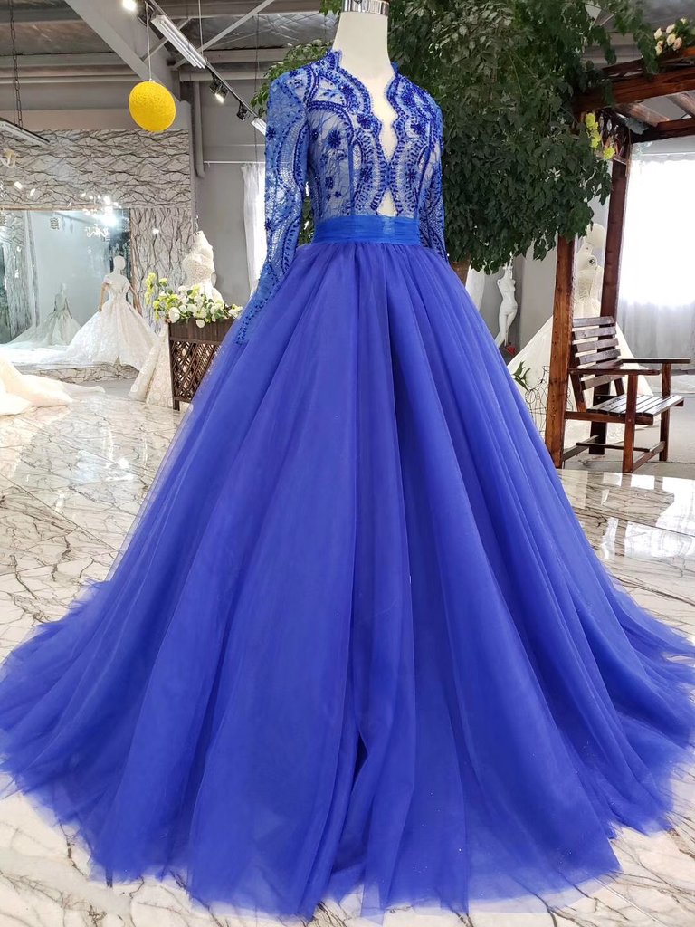 blue dress beach wedding Royal Blue Tulle Long Sleeves Prom Dresses, Quinceanera Dresses PFP055 –  Promfast