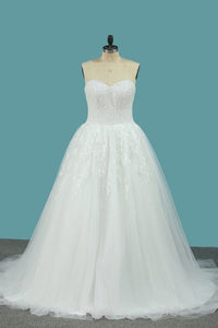 Sweetheart Tulle A Line Wedding Dresses With Applique Beads Sweep Train PFW0042