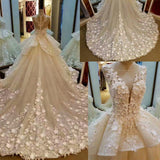 Princess Lace Appliqued Flowers Chapel Train Wedding Dresses,Pretty Bridal Gown PFW0248