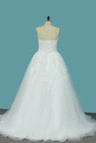 Sweetheart Tulle A Line Wedding Dresses With Applique Beads Sweep Train PFW0042