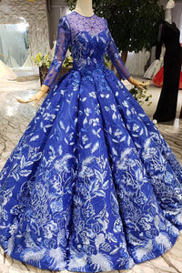 Royal Blue Long Sleeves Lace Prom Dresses,Ball Gown Quinceanera Dresses 