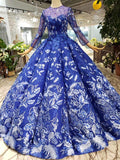 Royal Blue Long Sleeves Lace Prom Dresses,Ball Gown Quinceanera Dresses PFP0559