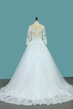 A Line 3/4 Sleeves Tulle Scoop Wedding Dresses With Applique PFW0043