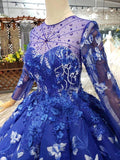 Royal Blue Long Sleeves Lace Prom Dresses,Ball Gown Quinceanera Dresses PFP0559