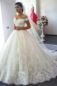 New Arrival Off The Shoulder A Line Wedding Dresses Tulle With Applique Sweep Train PFW0045