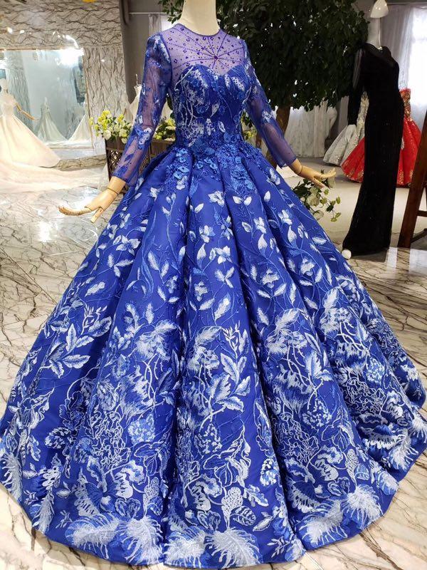 Royal Blue Long Sleeves Lace Prom Dresses,Ball Gown Quinceanera Dresse Promfast Royal Blue Long Sleeves Lace Prom Dresses,Ball Gown Quinceanera Dresse Promfast