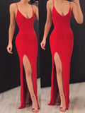 Sexy Mermaid Spaghetti Straps Red Side Slit Long Prom Dresses PFP0560