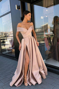Elegant Off the Shoulder Party Gown Satin Sexy Prom Dress High Slit 