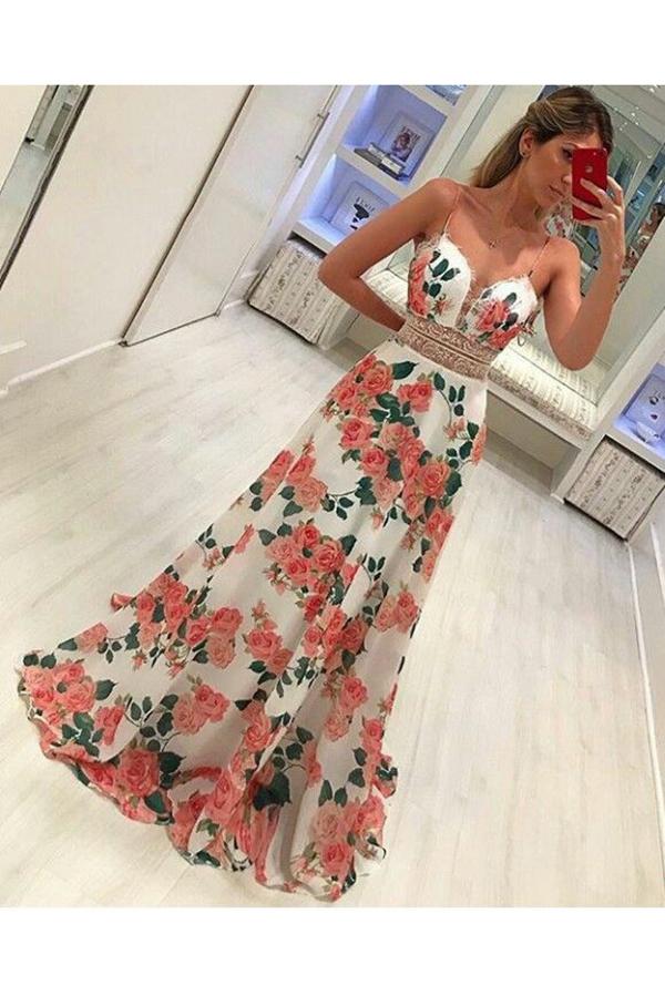 Fashion A Line Floral Spaghetti Strap Long Sleeveless Prom Dresses PFP ...