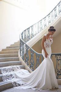 Elegant Spaghetti Straps Mermaid Spandex Wedding Dresses With Applique Court Train PFW0047