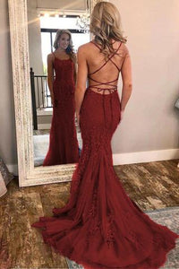 Burgundy Spaghetti Strap Mermaid Stunning Prom Dresses with Lace Appliques 