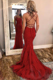 Burgundy Spaghetti Strap Mermaid Stunning Prom Dresses with Lace Appliques PFP0563