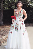 Cheap V Neck Prom Dresses Floor Length Formal Party Dress with Appliques PFP0564