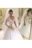 A Line Cap Sleeves Wedding Dresses Tulle With Applique And Beads Court Train PFW0049