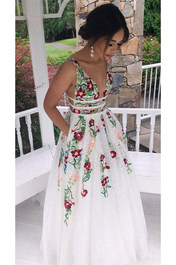 Charming V Neck Floral Embroidery Long Lace Prom Dress with Pocket 